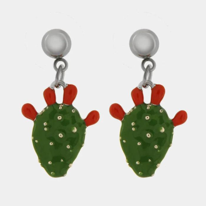 Orecchini in Acciaio cactus pendente, impreziosito da smalto verde e punte di smalto rosso