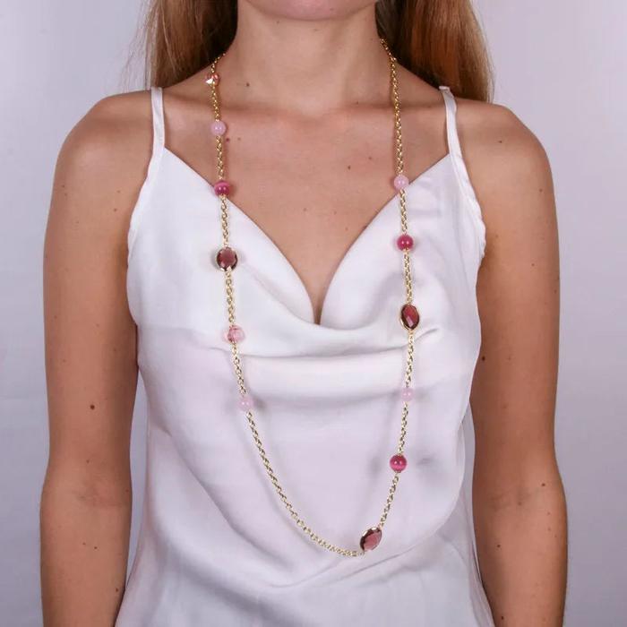 Collana in Metallo lunga con cristalli e perle rosa