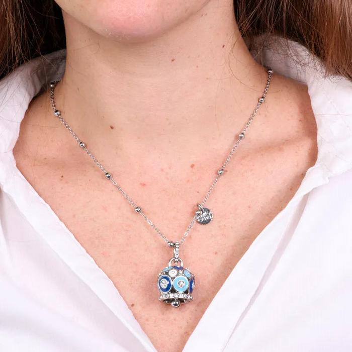 Collana in Metallo con campana a pois blu e azzurro e zirconi grande