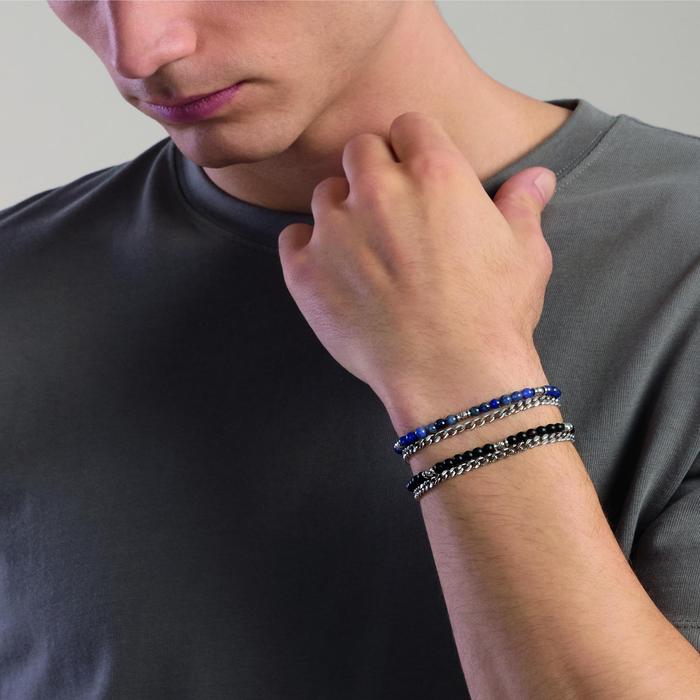 Bracciale uomo con catena groumette e catena con sfere diamantate e agata nera Style 37