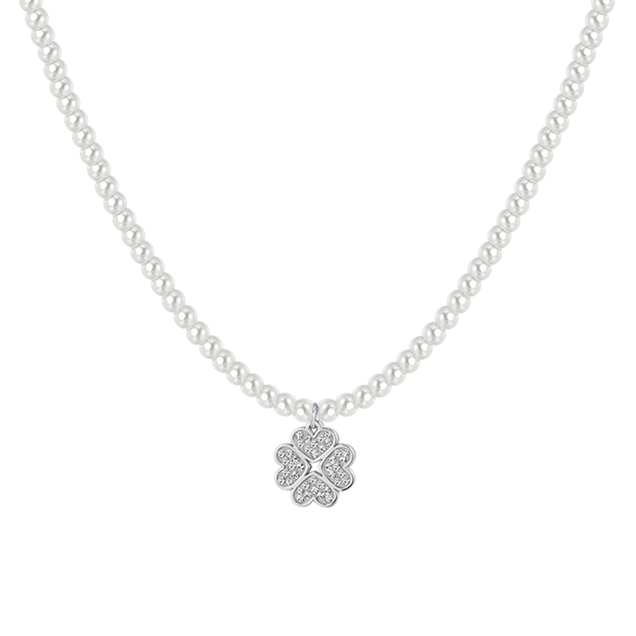 COLLANA DONNA IN ACCIAIO PERLE E QUADRIFOGLIO