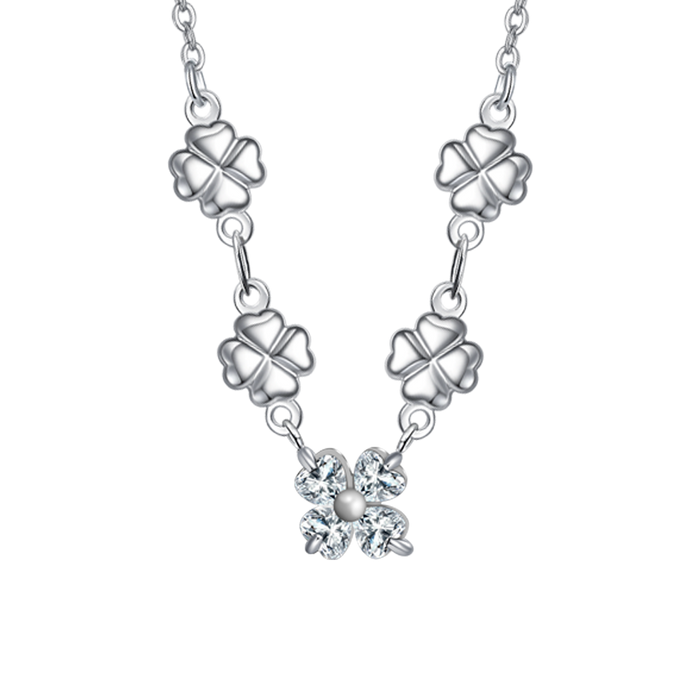 COLLANA IN ACCIAO CON QUADRIFOGLI E ZIRCONI BIANCHI