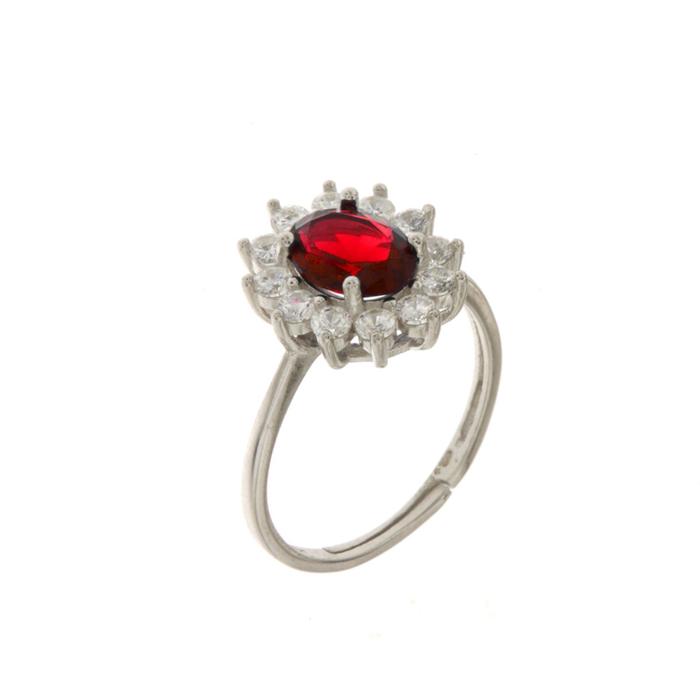 Anello in Argento 925 solitario con zirconi bianchi e zircone centrale rosso rubino