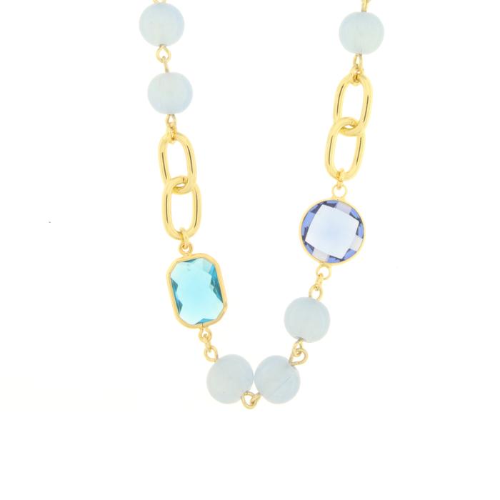 Collana in Metallo con catena doppia , cristalli e perline blu