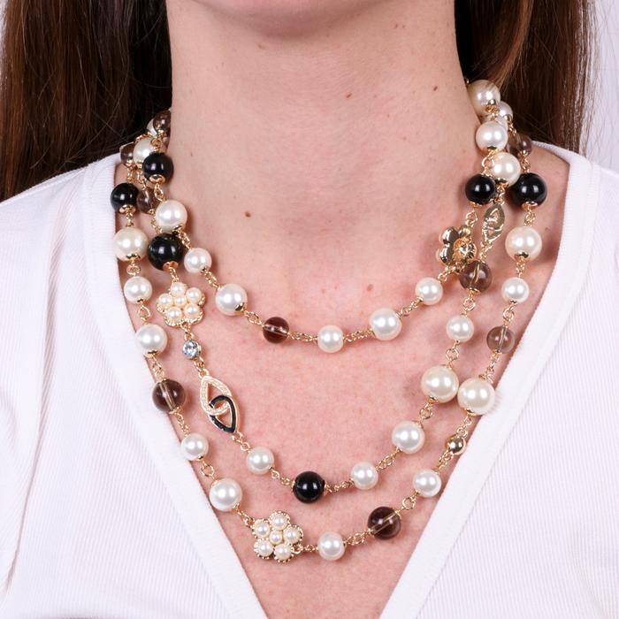 Collana in Metallo doppio filo con perle e fiore a perle bianche