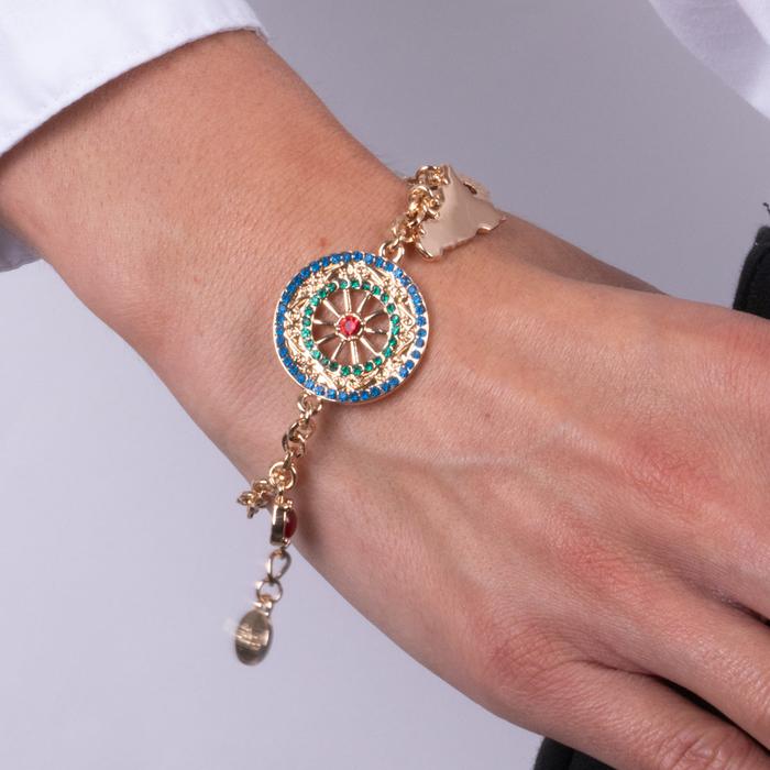 Bracciale in Metallo con ruota e Sicilia con cristalli verdi e rossi