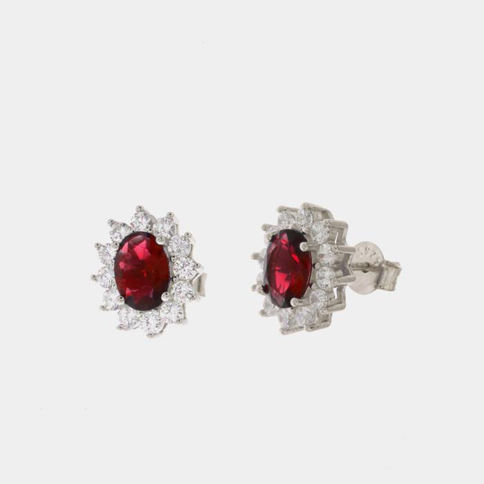 Orecchini in Argento 925 con zirconi bianchi e zircone centrale effetto rosso rubino