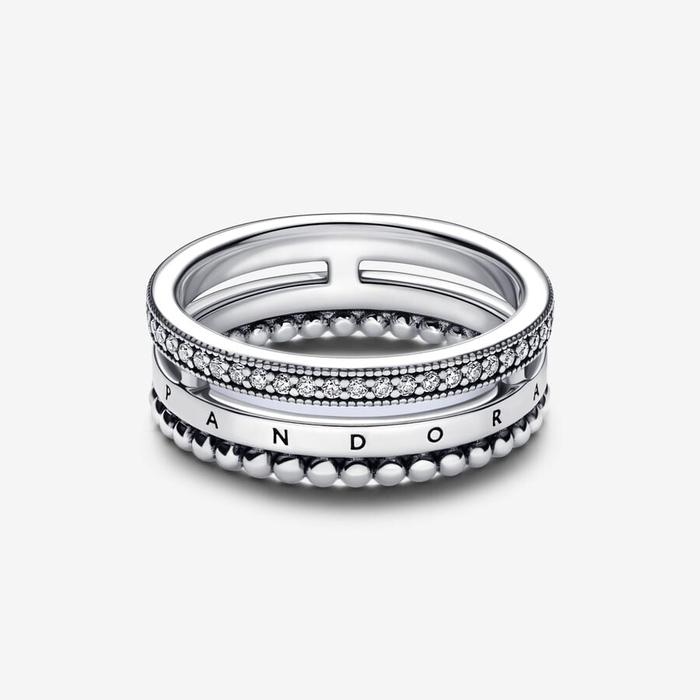 Anello Tripla Fascia con Logo, Pavé e Sfere