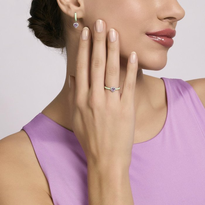 Orecchini a cerchio in argento con smalto verde e zircone rosa LOVE AFFAIR