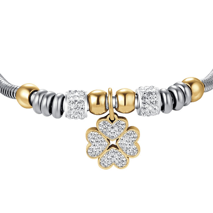 BRACCIALE DONNA IN ACCIAIO CON QUADRIFOGLIO CON CRISTALLI BIANCHI