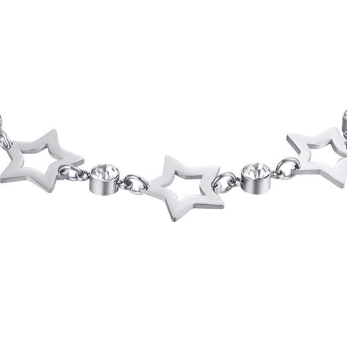 BRACCIALE DONNA IN ACCIAIO CON STELLE TRAFORATE E CRISTALLI BIANCHI