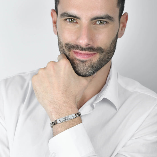 BRACCIALE UOMO IN ACCIAIO CON SMALTO NERO "PAPA' SEI LA MIA ANCORA"