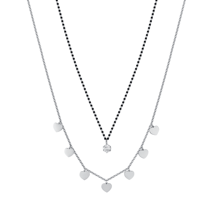 COLLANA DONNA IN ACCIAIO CON CUORI, ELEMENTI IP NERO E CRISTALLO BIANCO