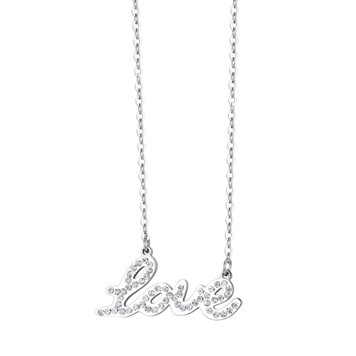 COLLANA DONNA IN ACCIAIO CON SCRITTA LOVE CON CRISTALLI BIANCHI