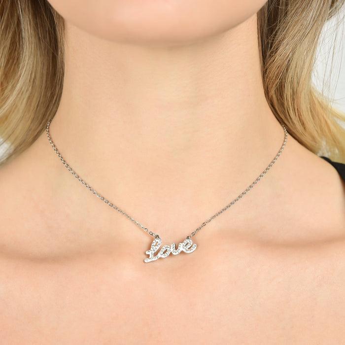 COLLANA DONNA IN ACCIAIO CON SCRITTA LOVE CON CRISTALLI BIANCHI