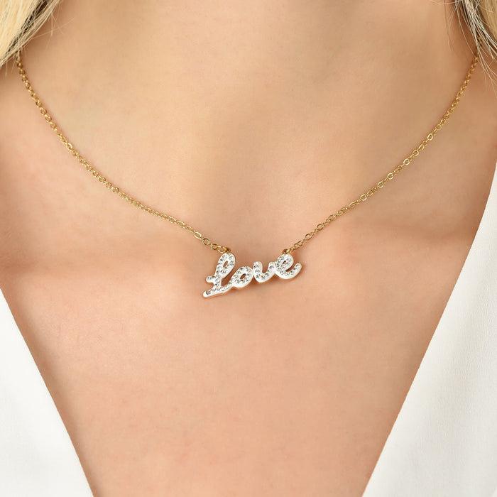 COLLANA DONNA IN ACCIAIO IP GOLD CON SCRITTA LOVE CON CRISTALLI BIANCHI