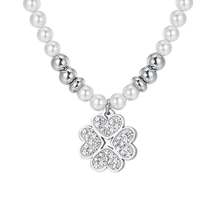 COLLANA DONNA IN ACCIAIO CON PERLE E QUADRIFOGLIO