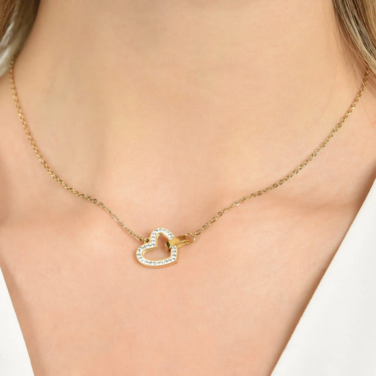 COLLANA DONNA IN ACCIAIO IP GOLD CON CUORE E CRISTALLI BIANCHI ED ELEMENTO
