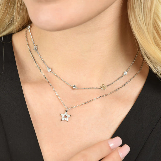 COLLANA DONNA MULTIFILO IN ACCIAIO CON STELLE E CRISTALLI BIANCHI