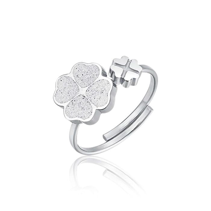 Anello Regolabile In Acciaio Con Quadrifogli Con Glitter Bianco