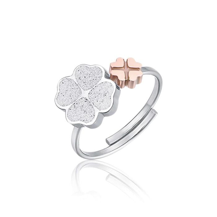 Anello Regolabile In Acciaio Con Quadrifogli In Acciaio Ip Rose E Glitter