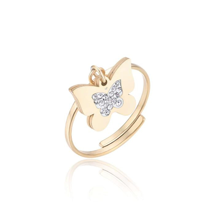Anello In Acciaio Ip Gold Con Farfalla Con Cristalli Bianchi