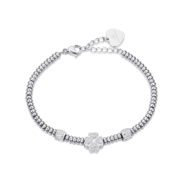 Bracciale In Acciaio Con Quadrifoglio Con Cristalli Bianchi