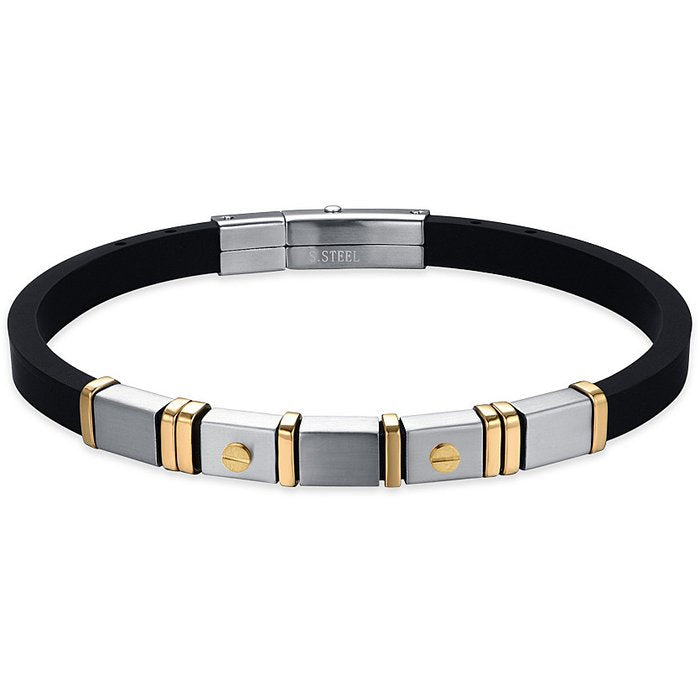 BRACCIALE UOMO IN SILICONE NERO CON ELEMENTI IN ACCIAIO E IP GOLD