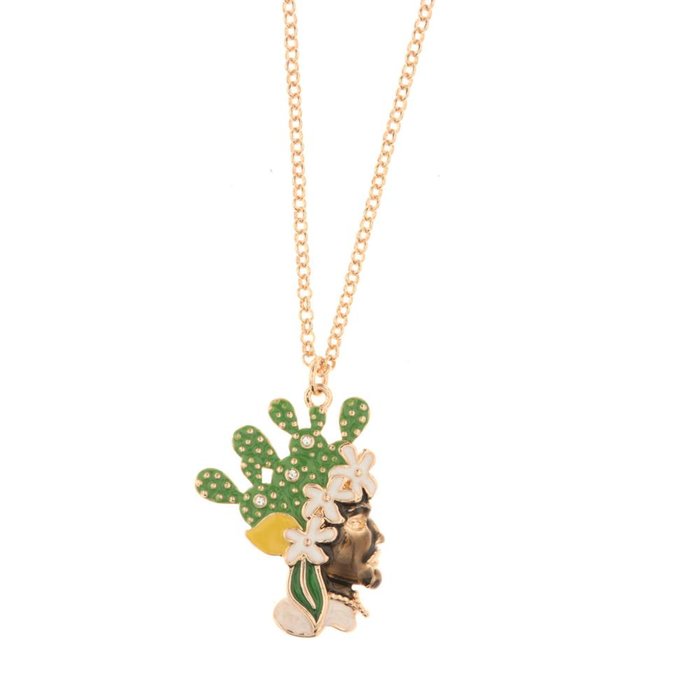 Collana in Metallo con pendente testa di moro con smalti e cristalli colorati