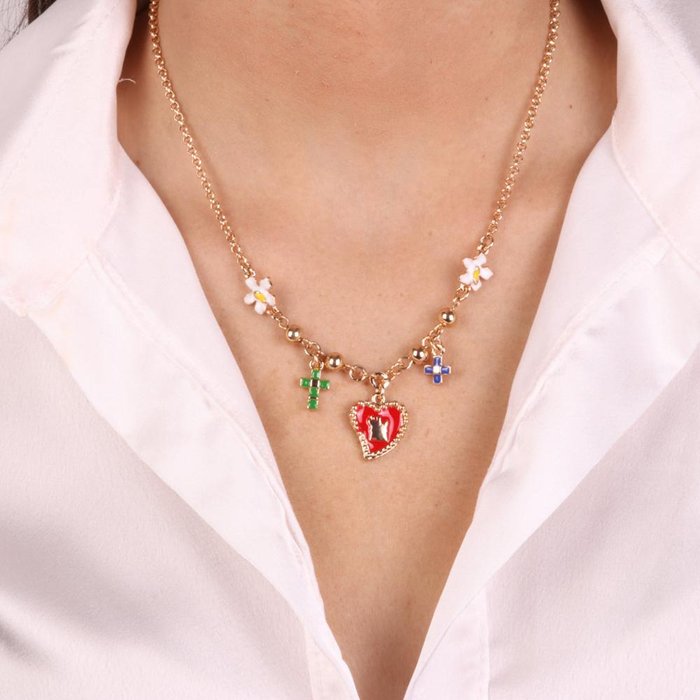 Collana in Metallo con fiori, croci e cuore sacro pendenti