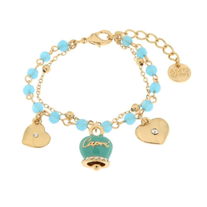 Bracciale in Metallo con campana smaltata azzurra e cuoricini pendenti