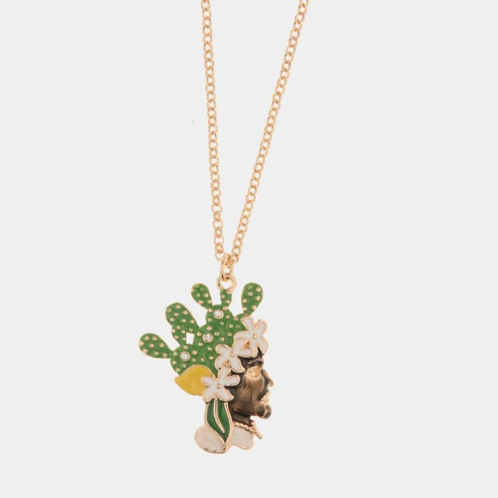 Collana in Metallo con pendente testa di moro con smalti e cristalli colorati