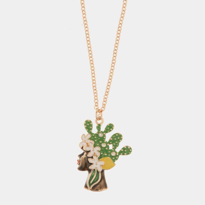 Collana in Metallo con pendente testa di moro donna con smalti e cristalli colorati