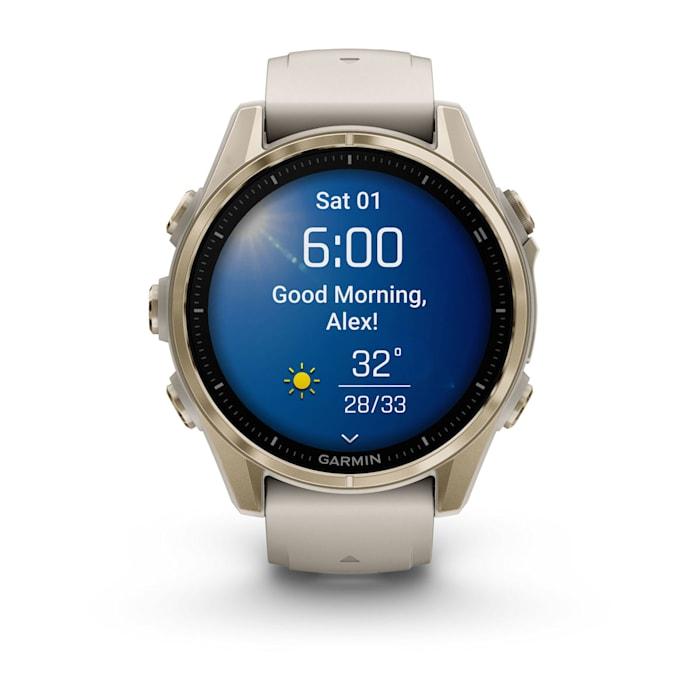 Fēnix® 8 - 43 mm, AMOLED, Sapphire, Soft Gold con cinturino  Fog grey/dark sandstone in silicone
