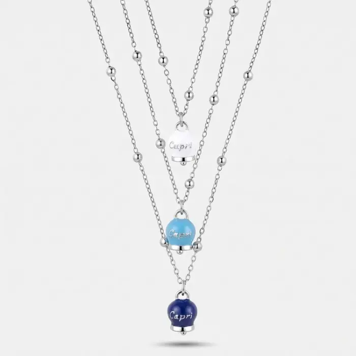 Collana in Acciaio Multifilo con Tris di Campanelle Portafortuna Capri tonalità blu, azzurra, bianca