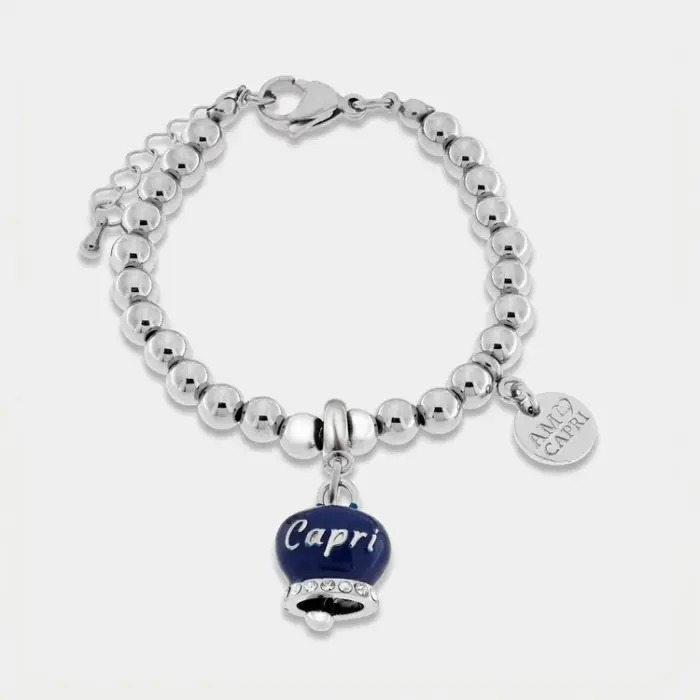 Bracciale in Acciaio con campanella pendente azzurra con scritta Capri