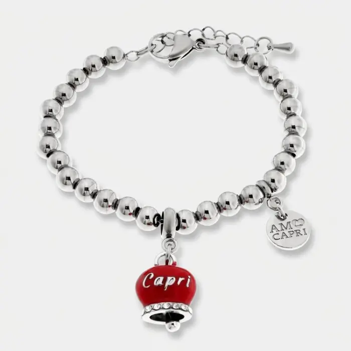 Bracciale in Acciaio campanella rossa con scritta Capri e zirconi
