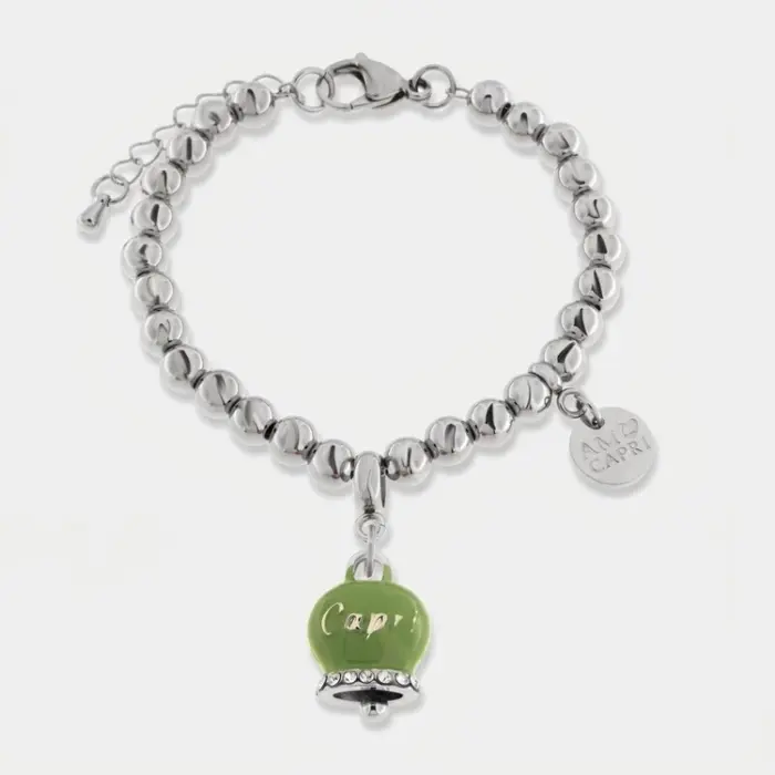 Bracciale in Acciaio con Campanella Portafortuna Capri - Colore Verde Menta