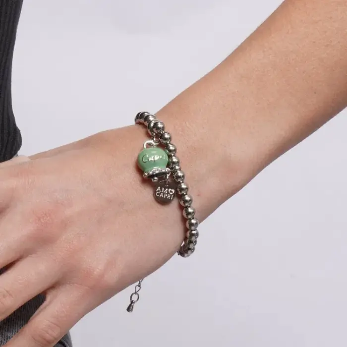 Bracciale in Acciaio con Campanella Portafortuna Capri - Colore Verde Menta