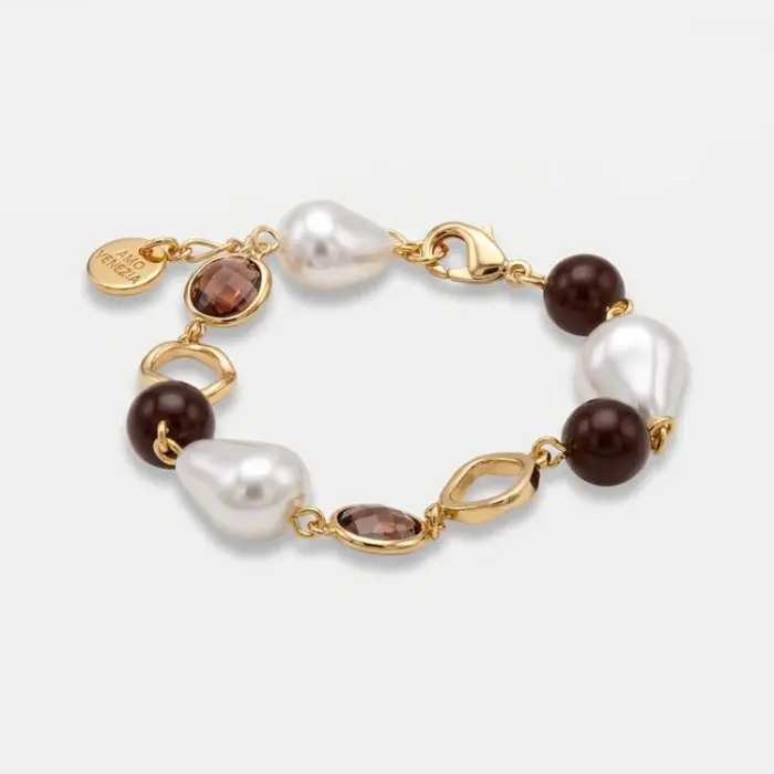 Bracciale in Metallo cristalli marroni e perle