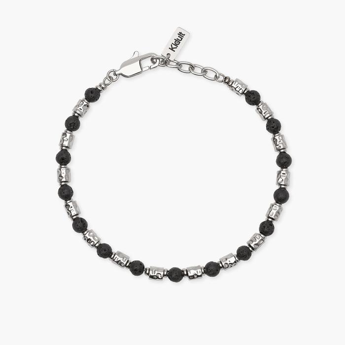 Bracciale uomo acciaio con cubetti martellati e pietra lavica Style  38