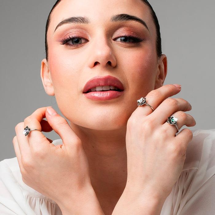 ANELLO DONNA IN ACCIAIO, FIORE CON ZIRCONE VERDE