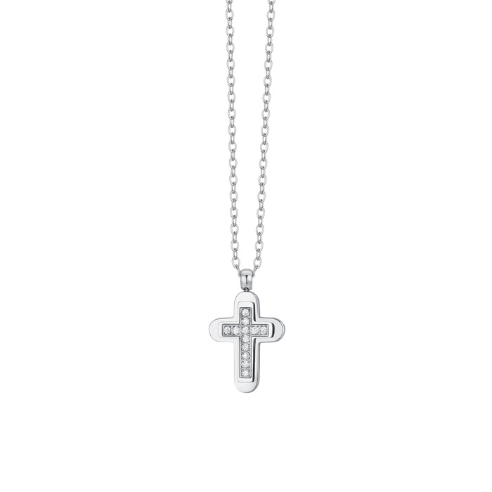 COLLANA UOMO IN ACCIAIO CROCE E ZIRCONI BIANCHI