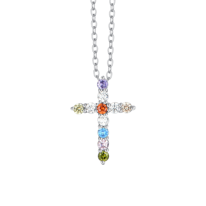 COLLANA DONNA IN ACCIAIO CROCE ZIRCONI MUTICOLOR