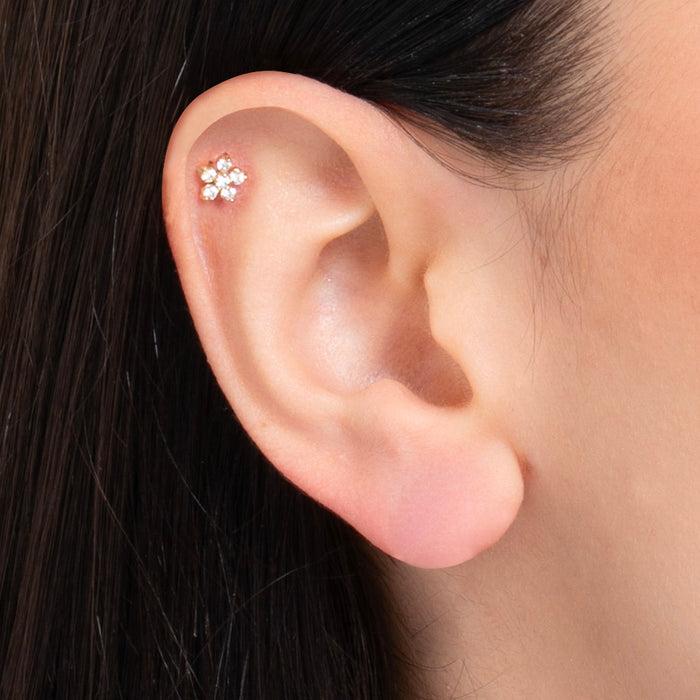 PIERCING ORECCHIO DONNA IN ACCIAIO COLORE ORO FORMA FIORE PETALI ZIRCONI BIANCHI