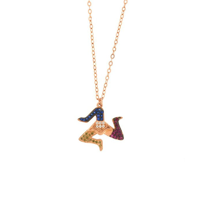 Collana in Argento 925 con ciondolo trinacria siciliana, impreziosita da zirconi multicolore su base brunita