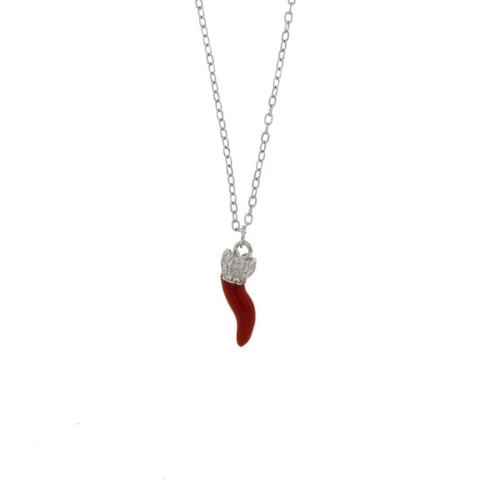 Collana in Argento 925 con corno rosso e zirconi bianchi