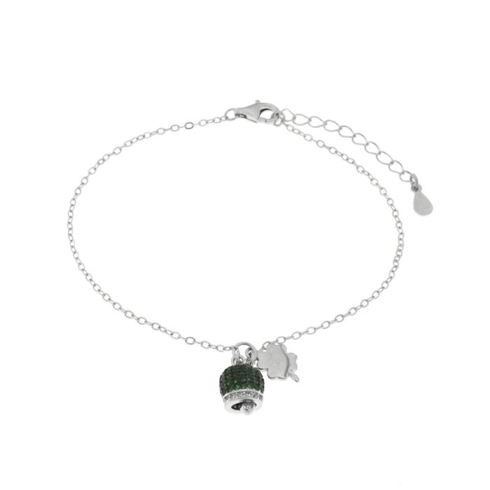 Bracciale in Argento 925 campanella portafortuna impreziosito da zirconi rossi e quadrifoglio