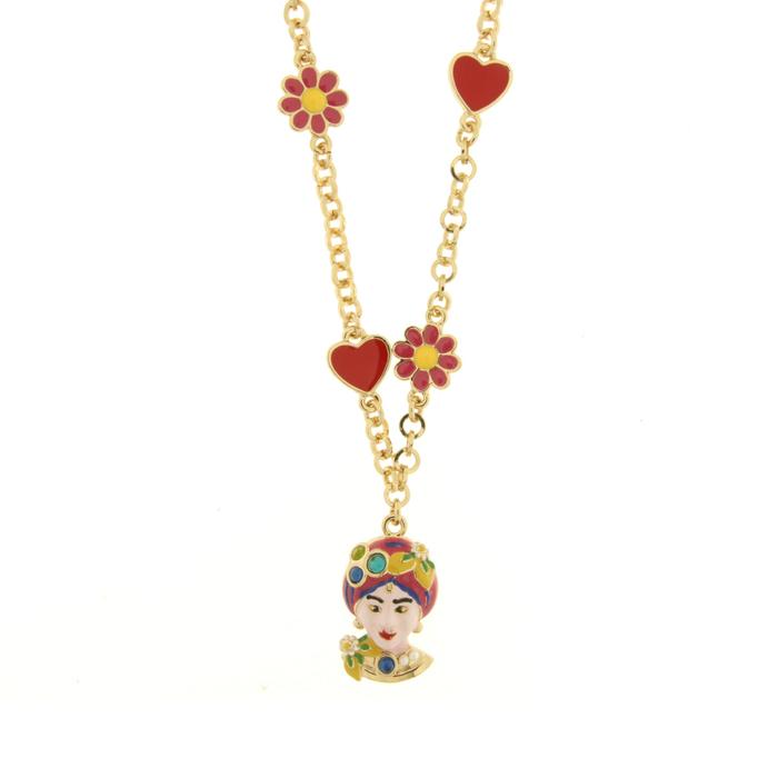 Collana in Metallo con Testa di Moro rosa  cuori e fiori