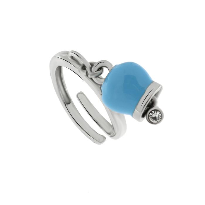 Anello in Metallo con campanella portafortuna pendente color azzurro, impreziosita da punto luce